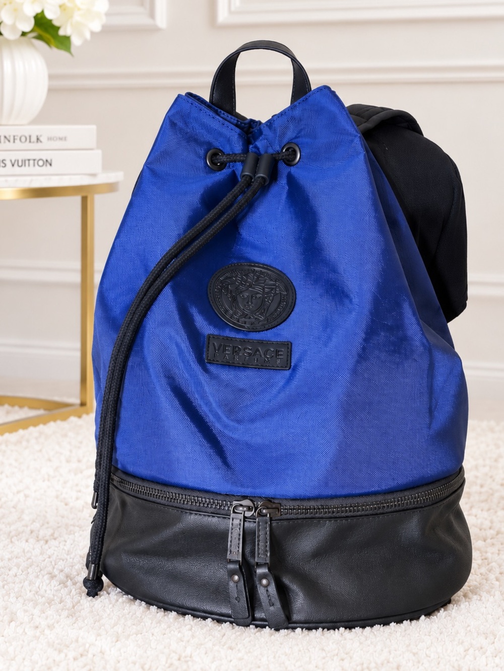 Versace Parfums Blue Black Nylon Leather Drawstring Backpack